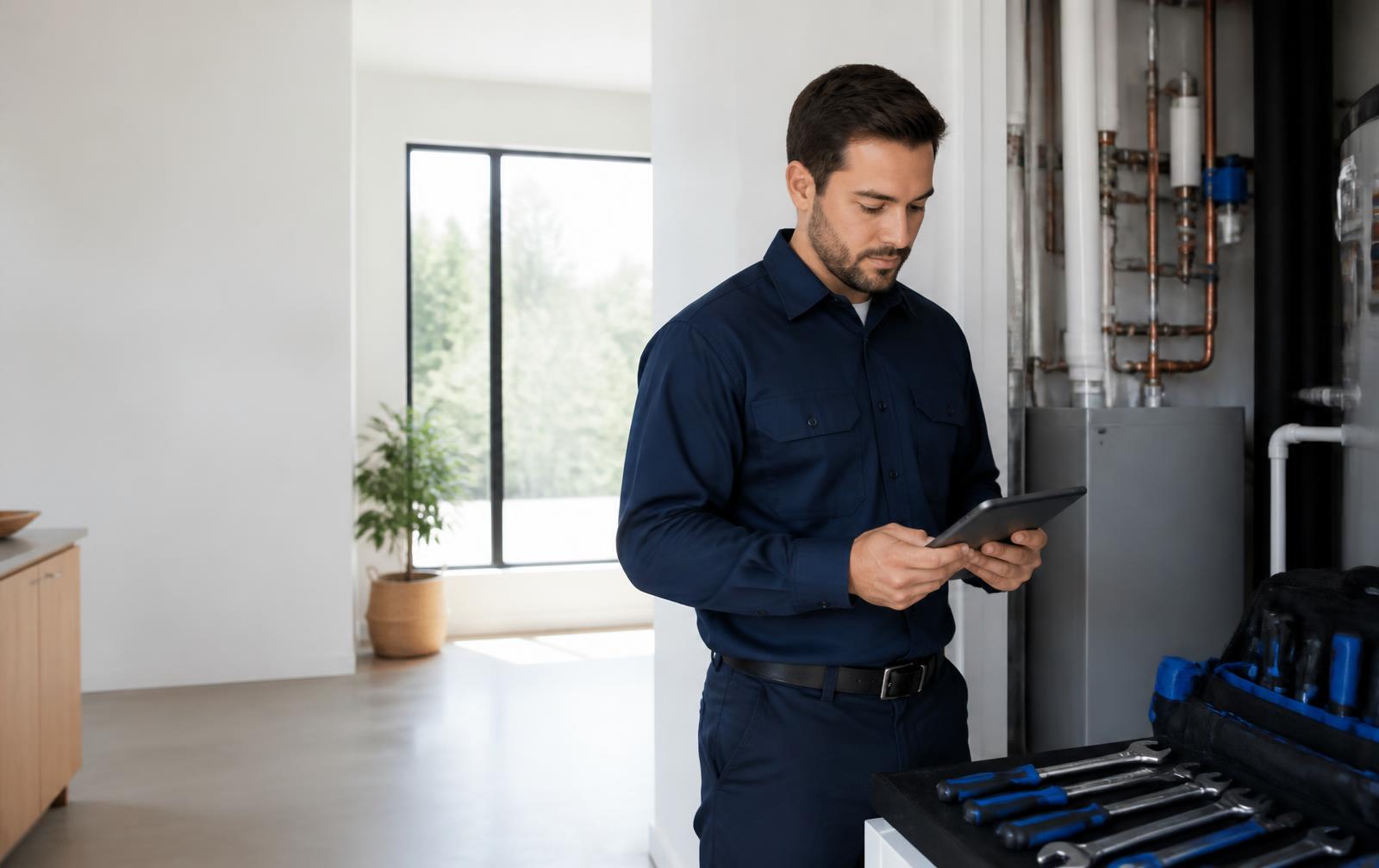 Home-services professional reviewing a project in a modern utility room